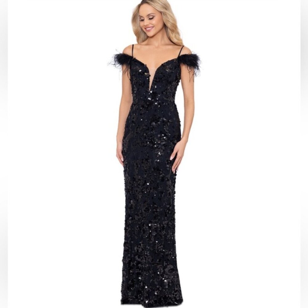 Betsy & Adam Sequined Feather Trim gown dress black - 12